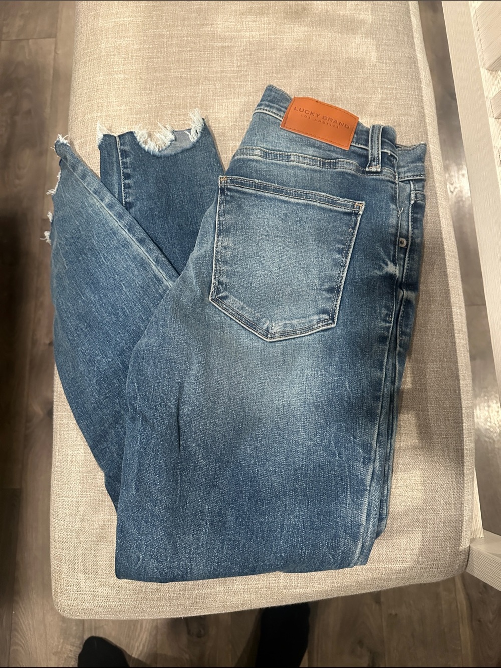 Lucky Brand Medium Blue Slim Straight Jeans with Frayed Hem